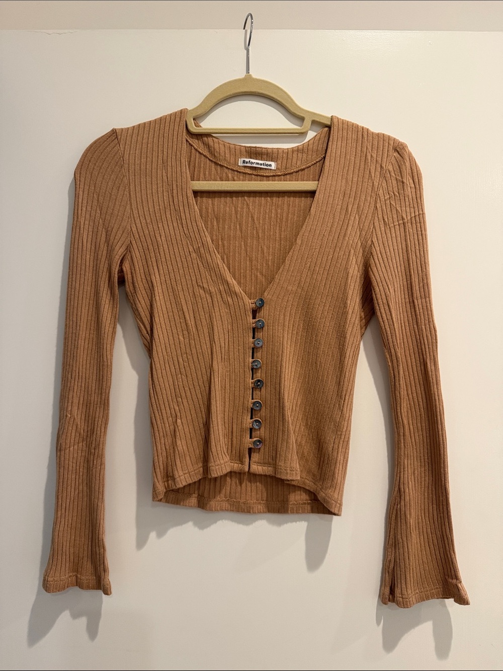 Reformation Ribbed V-Neck Button-Front Top — Caramel Brown